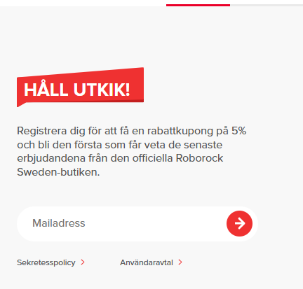 skärmdump visar var man får 5% rabatt genom att signa upp till Roborocks nyhetsbrev